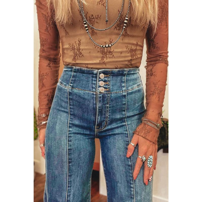 Sail Blue High Waist Button Fly Seamed Raw Hem Flare Jeans